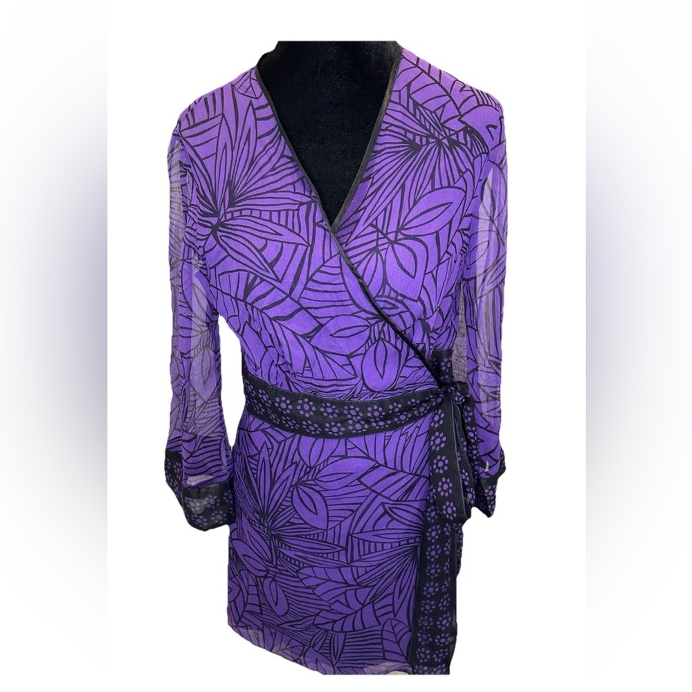 Silkland 100% silk‎ fully lined purple/Black kimono style wrap blouse size small
